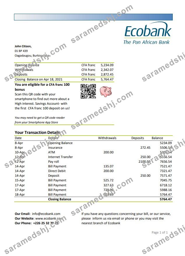 Burkina Faso Ecobank bank statement easy to fill template in Excel and PDF format